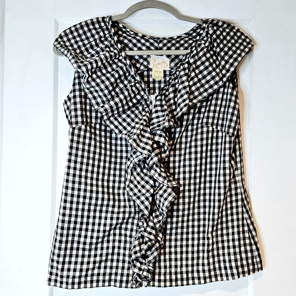 Vintage 60s 70s Ed Kobler Miami Gingham Ruffle Zip Front Top Black White
